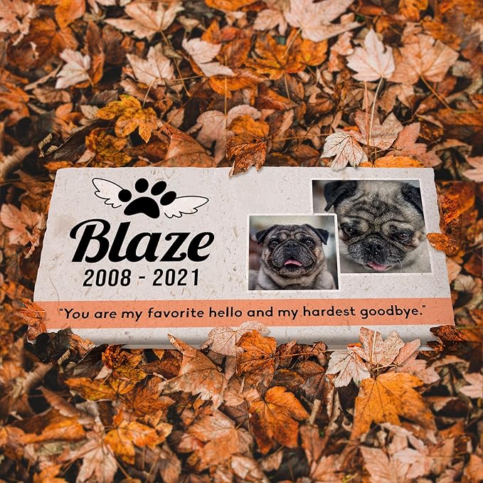 Personalized Pet Memorial with Keepsake Photo on Limestone - Headstones, Garden Stones, and Grave Markers for Dogs - Dog Memorial Stone, Pet Memorial Gifts - 12”x 6”x1.25" C (C. Blaze Design)