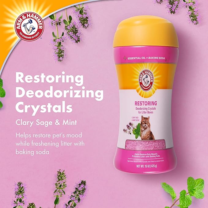 Arm & Hammer Restoring Cat Litter Box Deodorizing Crystals, Litter Deodorizer Additive to Help Absorb Odors and Restore Freshness Between Changes, Clary Sage & Mint Scent, 15 Oz