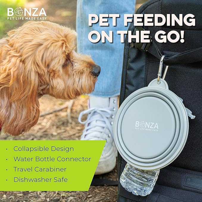 Bonza Collapsible Dog Bowls - Medium 25 oz, Dog Travel Accessories, Silicone Portable Dogs Bowl & Water Dish with Reinforced Rim & Carabiner for Hiking, Camping, and Car Trips, Periwinkle