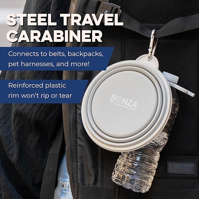 Bonza Collapsible Dog Bowls - Medium 25 oz, Dog Travel Accessories, Silicone Portable Dogs Bowl & Water Dish with Reinforced Rim & Carabiner for Hiking, Camping, and Car Trips, Periwinkle